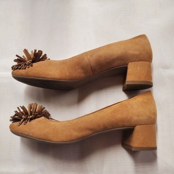 Anne Klein iflex Happy Toffee Suede Pom om Slip On Block Heel Versatile Shoes - Picture 5 of 9